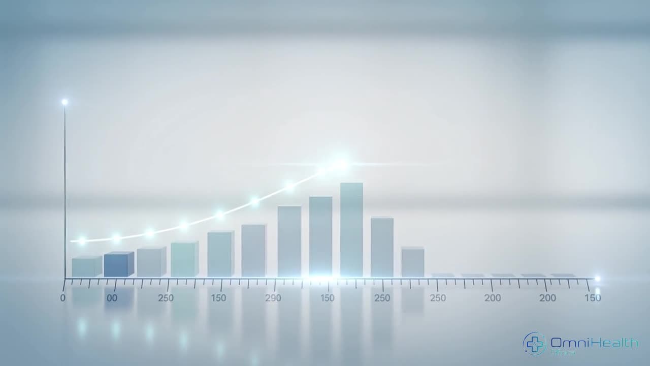 Rising outcome curve climbing along a calm timeline
